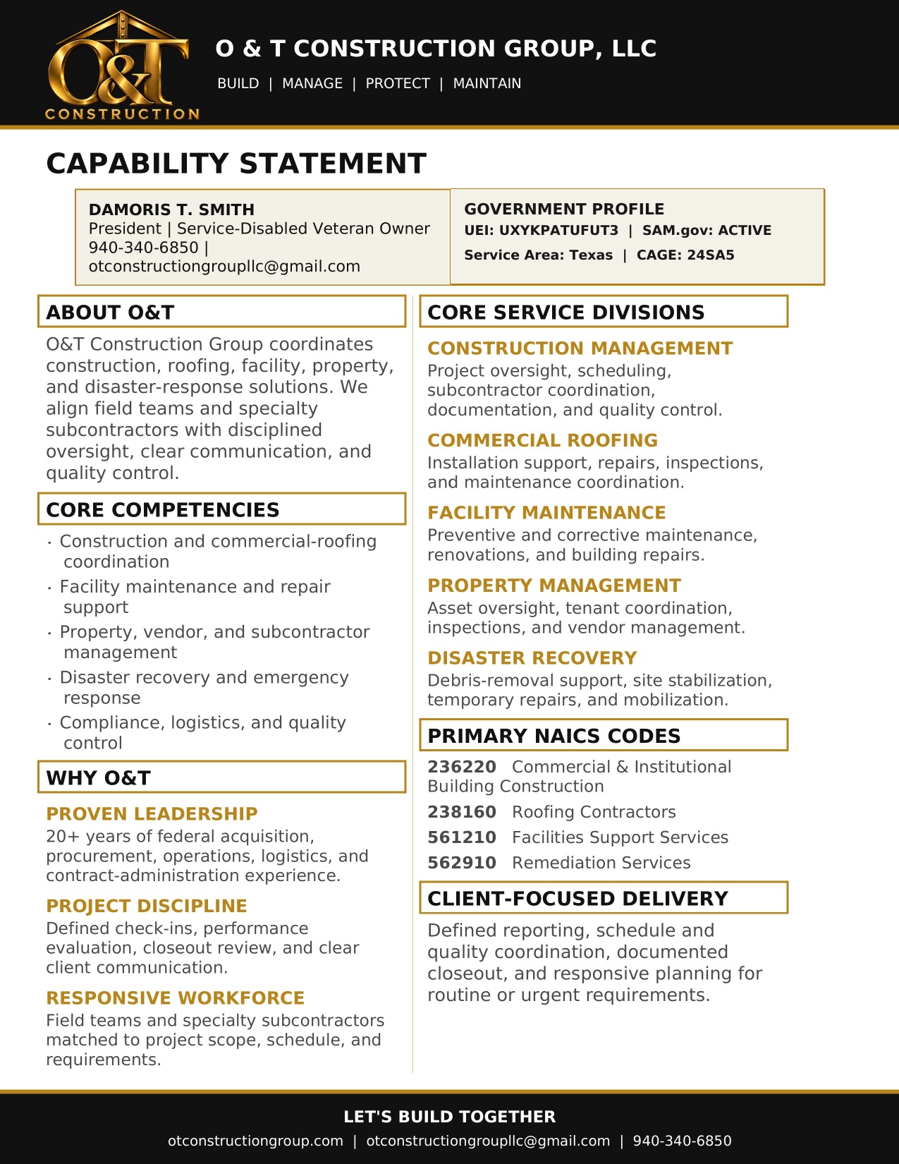 O & T Construction Group capability statement featuring commercial construction, roofing, facilities support, disaster recovery, and remediation services